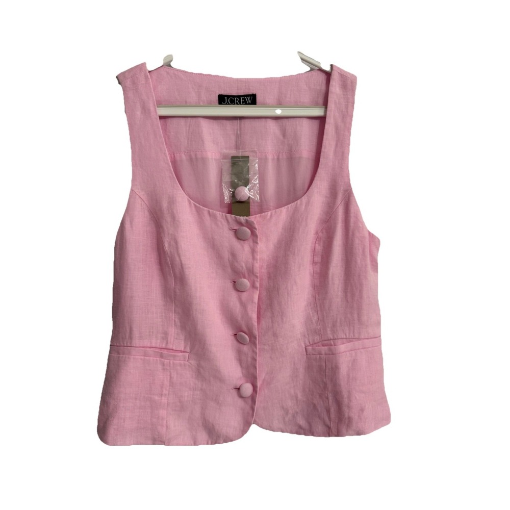 J. Crew Size 4 Pink Women's Button Down Scoopneck Linen-Blend Vest BZ393 NWT